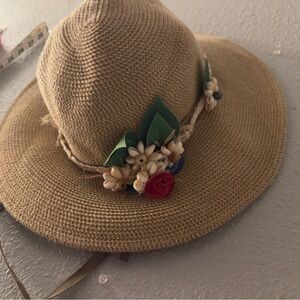 Chic Floral Tan Hat with Embellishments
